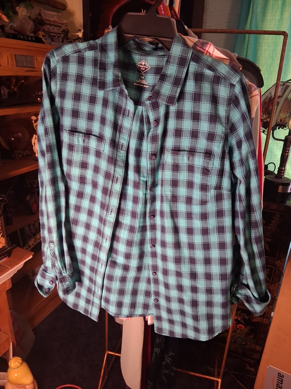 St. John's Bay Teal and Black Plaid Button-Down Shirt